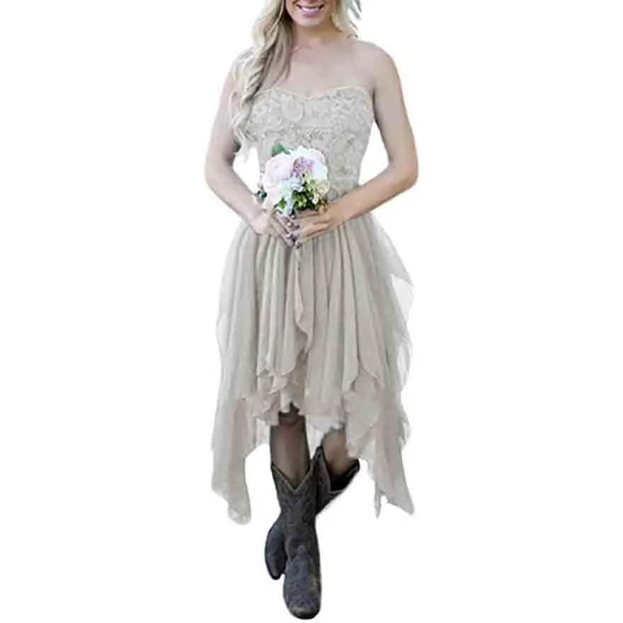 Country High Low Chiffon Lace Beach Wedding Guest Bridesmaid Dress