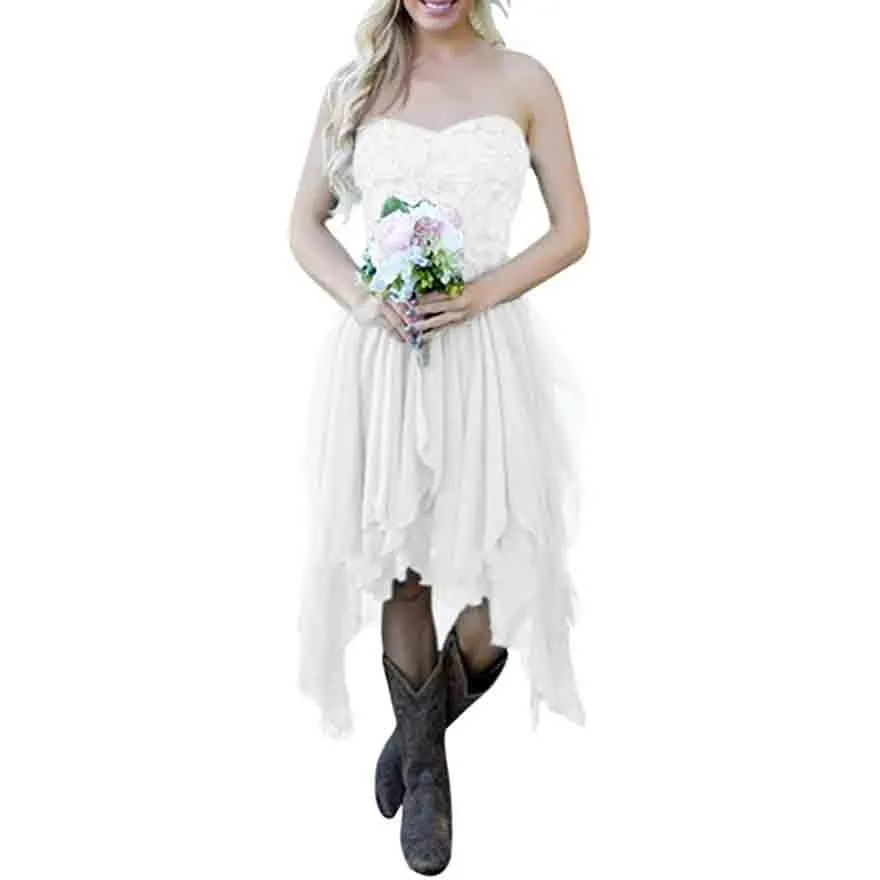 Country High Low Chiffon Lace Beach Wedding Guest Bridesmaid Dress