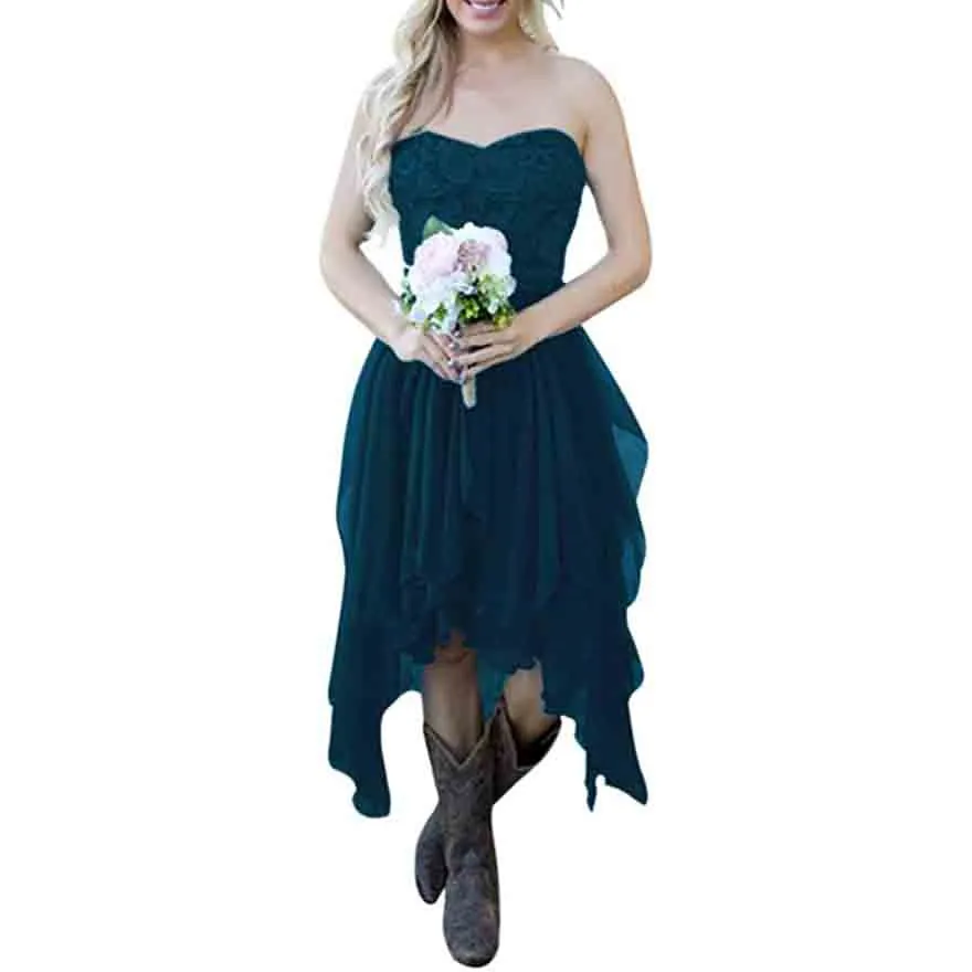 Country High Low Chiffon Lace Beach Wedding Guest Bridesmaid Dress