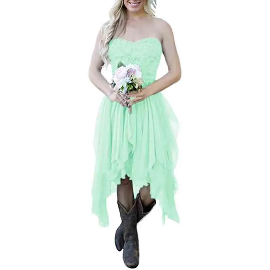 Country High Low Chiffon Lace Beach Wedding Guest Bridesmaid Dress