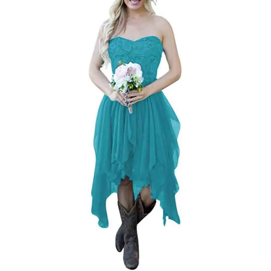 Country High Low Chiffon Lace Beach Wedding Guest Bridesmaid Dress