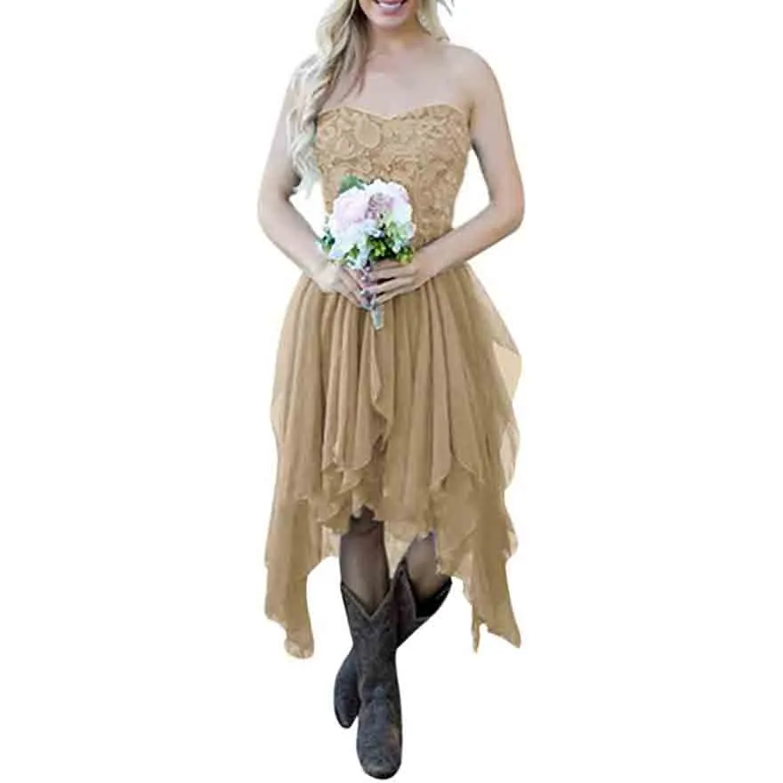 Country High Low Chiffon Lace Beach Wedding Guest Bridesmaid Dress