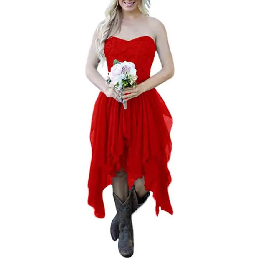 Country High Low Chiffon Lace Beach Wedding Guest Bridesmaid Dress