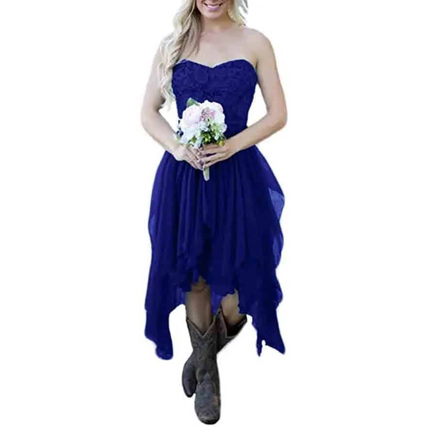 Country High Low Chiffon Lace Beach Wedding Guest Bridesmaid Dress