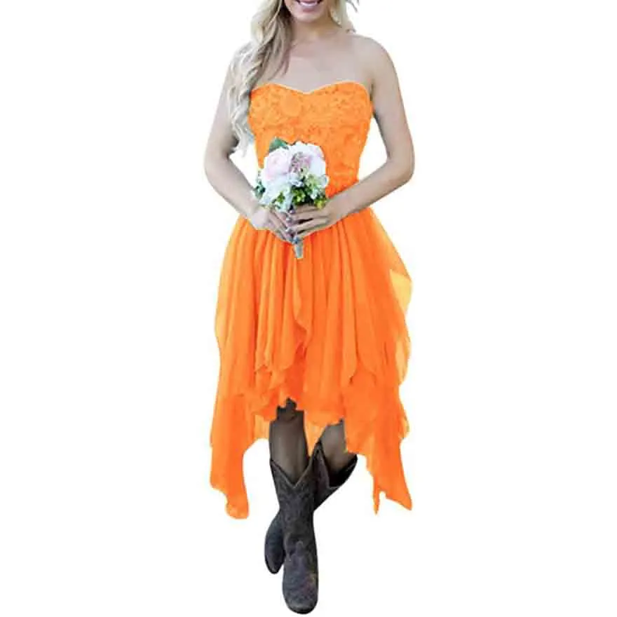 Country High Low Chiffon Lace Beach Wedding Guest Bridesmaid Dress