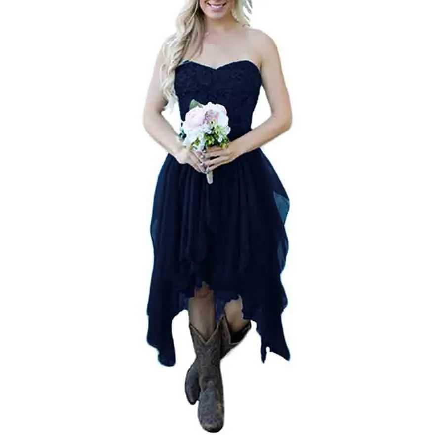 Country High Low Chiffon Lace Beach Wedding Guest Bridesmaid Dress