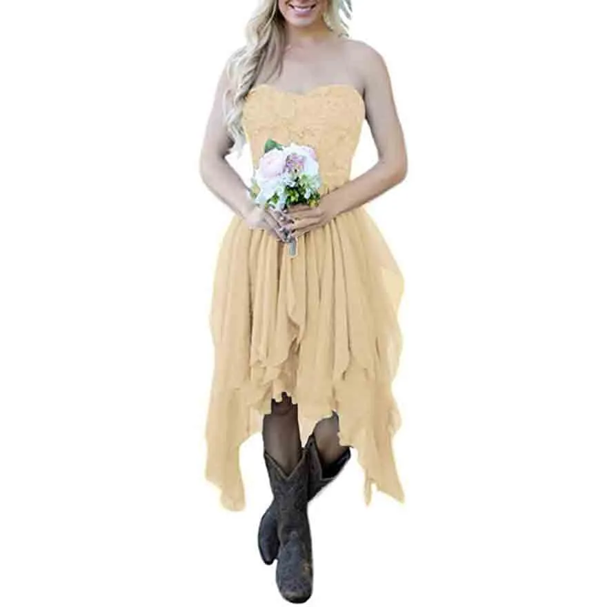 Country High Low Chiffon Lace Beach Wedding Guest Bridesmaid Dress