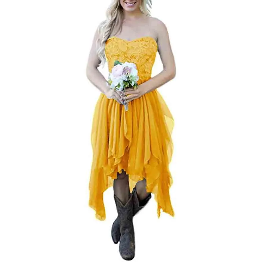 Country High Low Chiffon Lace Beach Wedding Guest Bridesmaid Dress