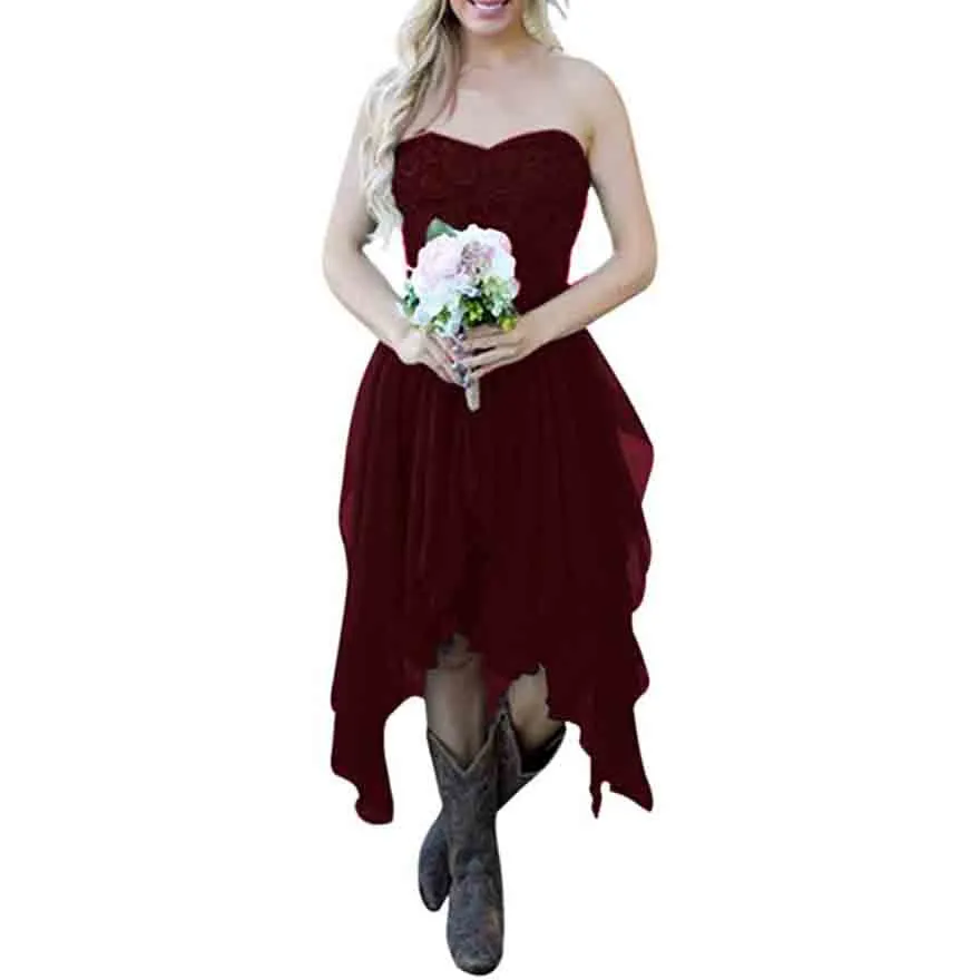 Country High Low Chiffon Lace Beach Wedding Guest Bridesmaid Dress