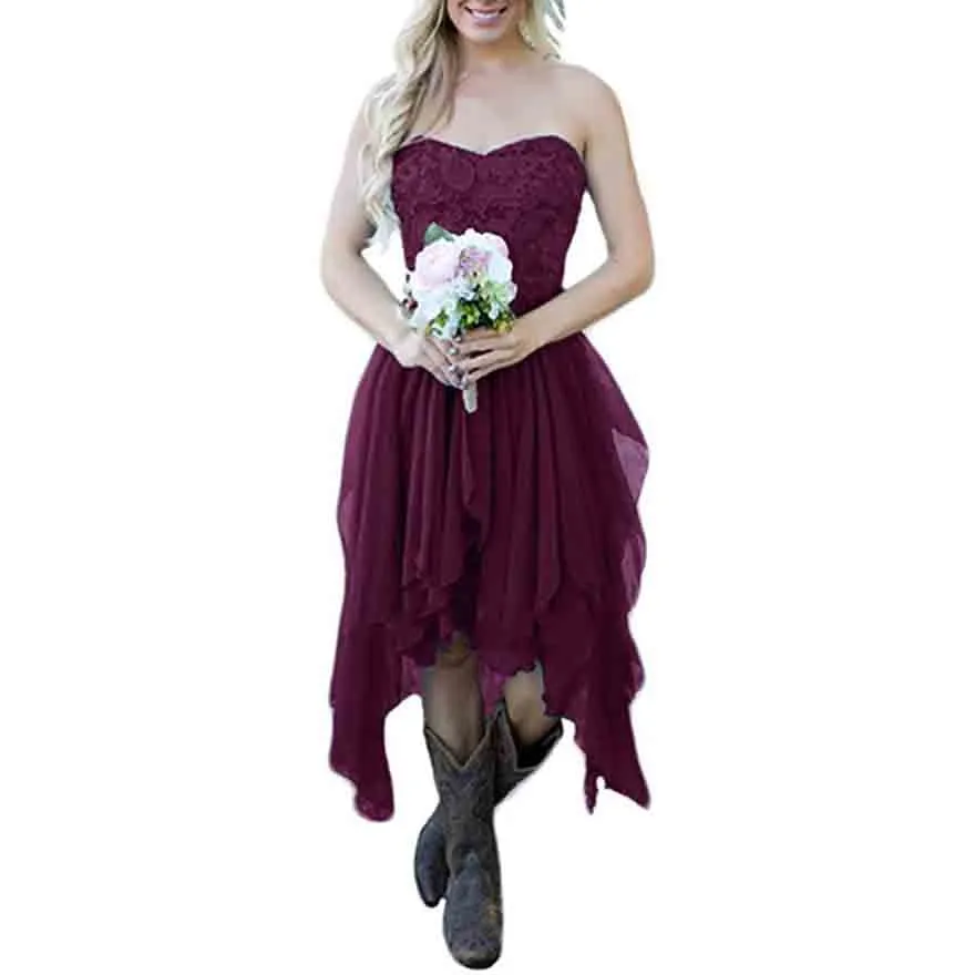 Country High Low Chiffon Lace Beach Wedding Guest Bridesmaid Dress