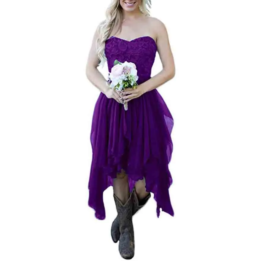 Country High Low Chiffon Lace Beach Wedding Guest Bridesmaid Dress