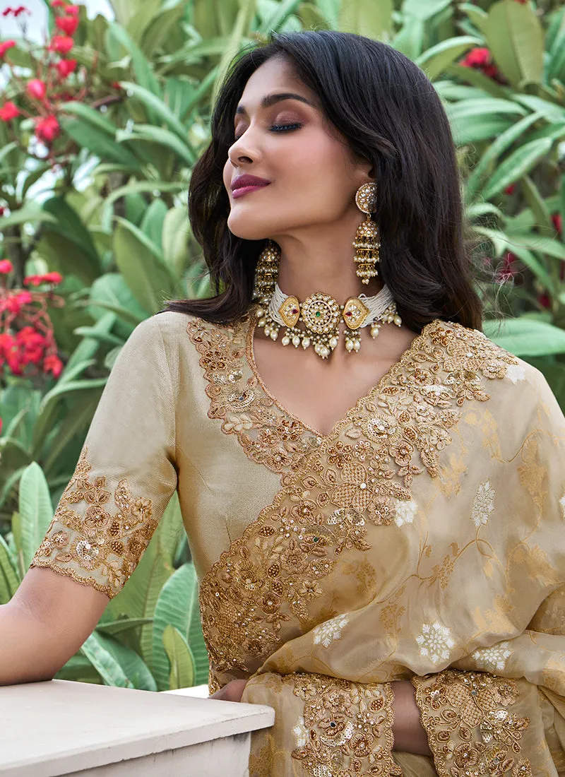 Cream Golden Multi Embroidery Tissue Silk Saree