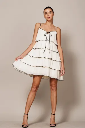 Cream Tiered Plisse Strapless Mini Dress With Front Tie