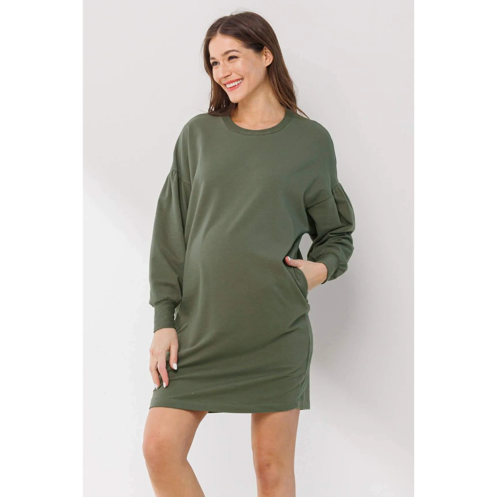 Crew Neck Maternity Sweater Dress with Pockets: Olive