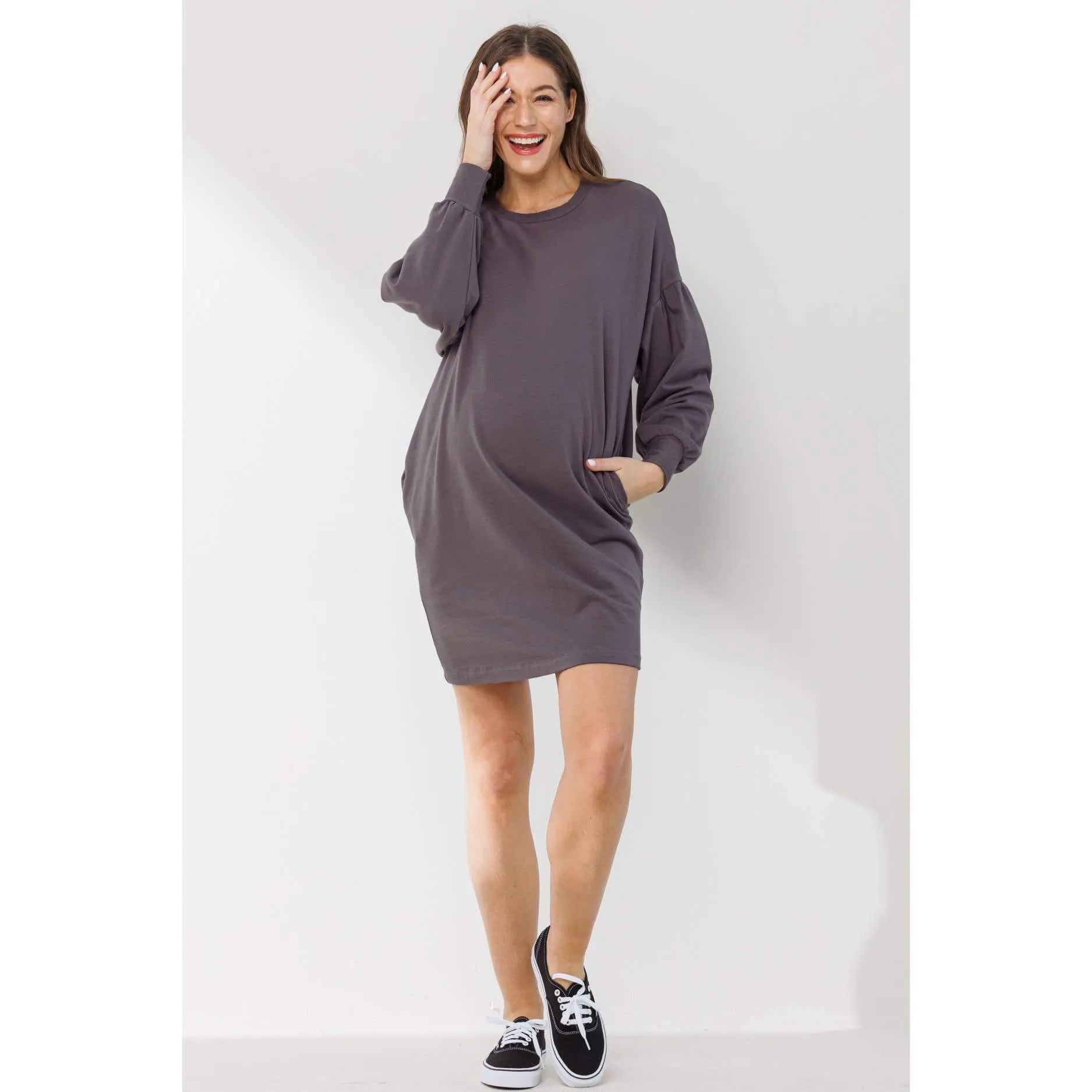 Crew Neck Maternity Sweater Dress with Pockets: Olive