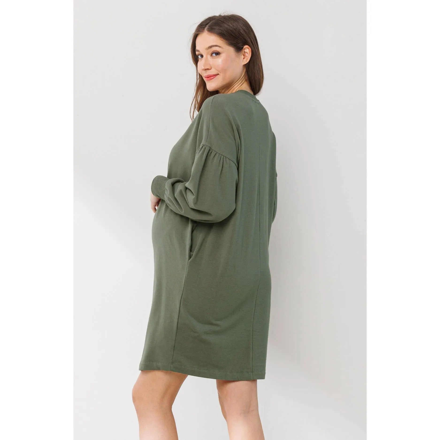 Crew Neck Maternity Sweater Dress with Pockets: Olive