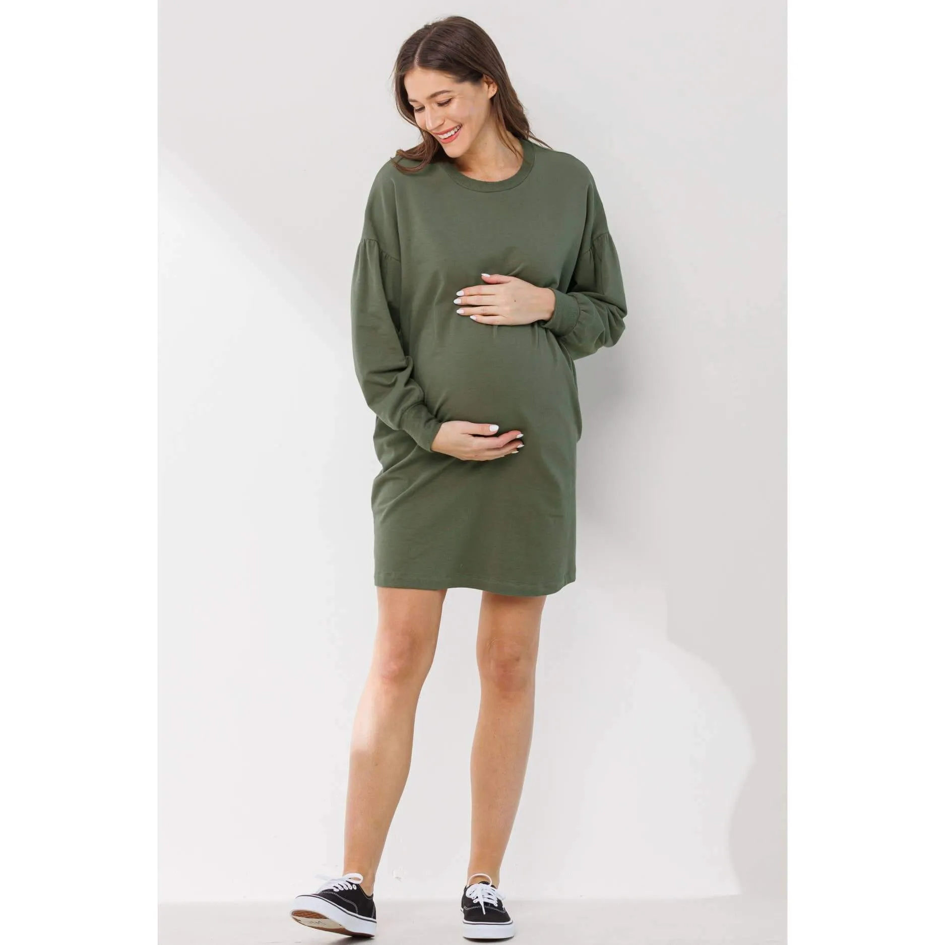 Crew Neck Maternity Sweater Dress with Pockets: Olive