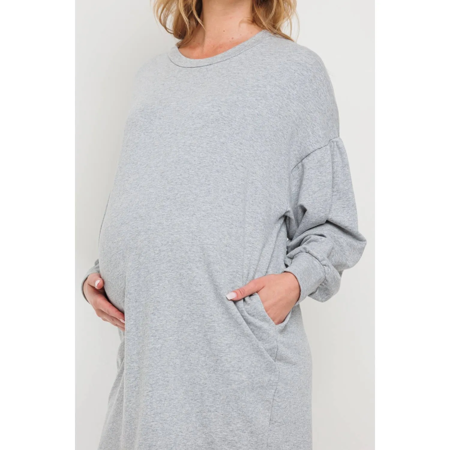 Crew Neck Maternity Sweater Dress with Pockets: Olive