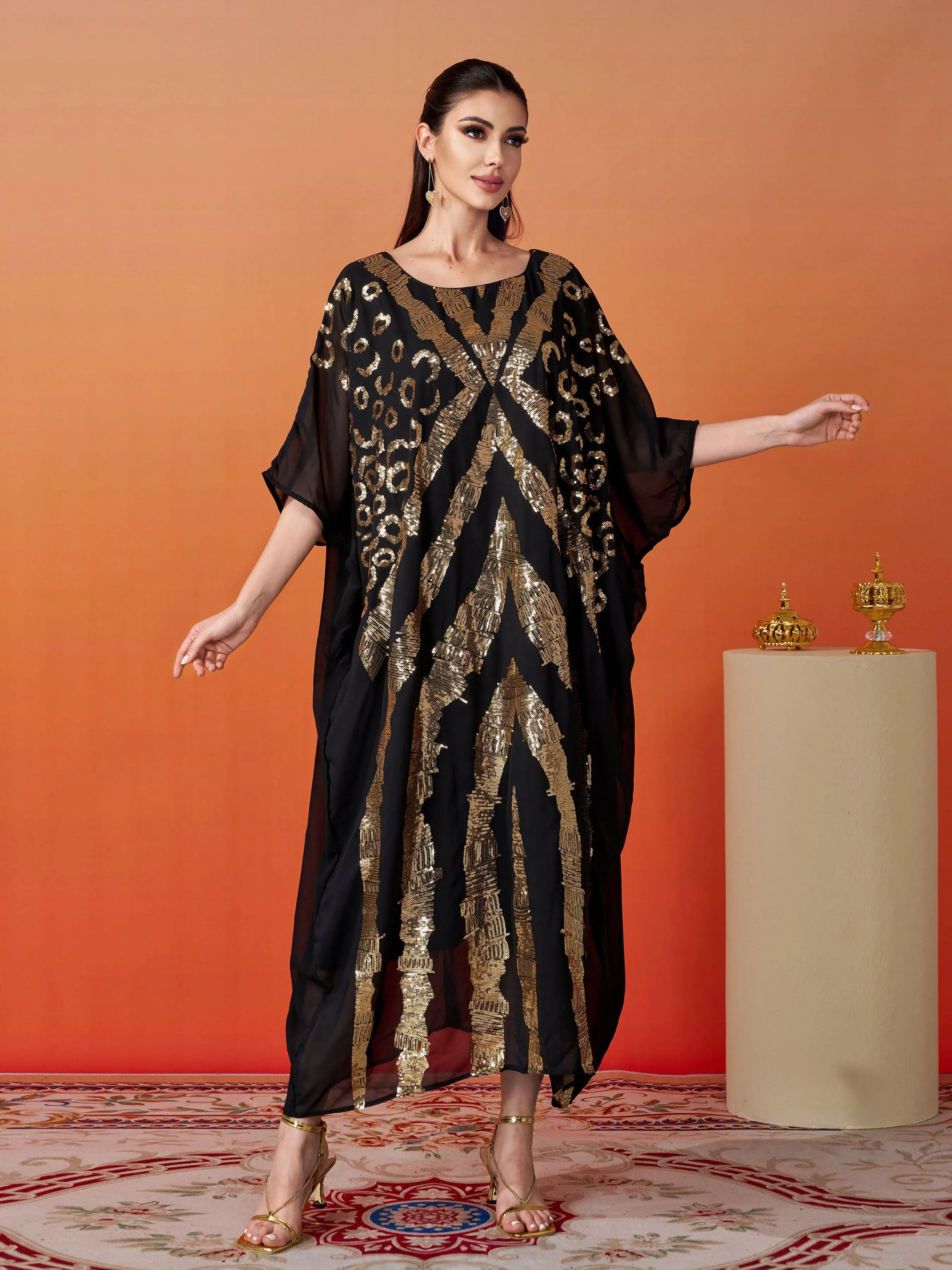 Crew Neck Sequin Mesh Cocoon Dress MES00446