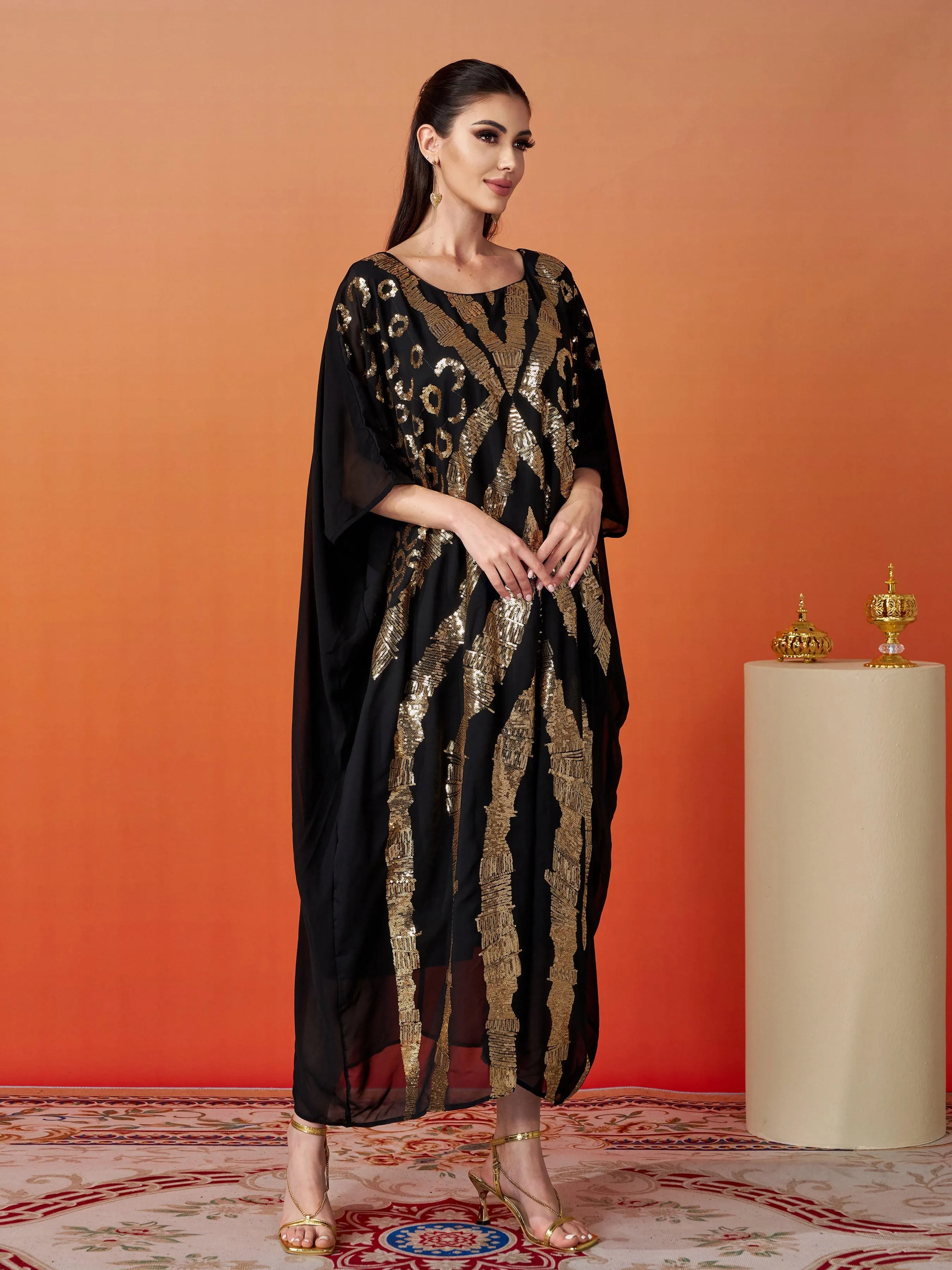 Crew Neck Sequin Mesh Cocoon Dress MES00446