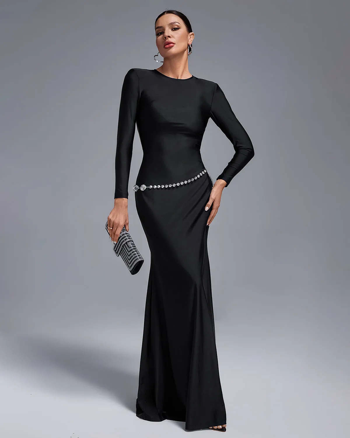 Crystal Belt Backless Maxi Dress