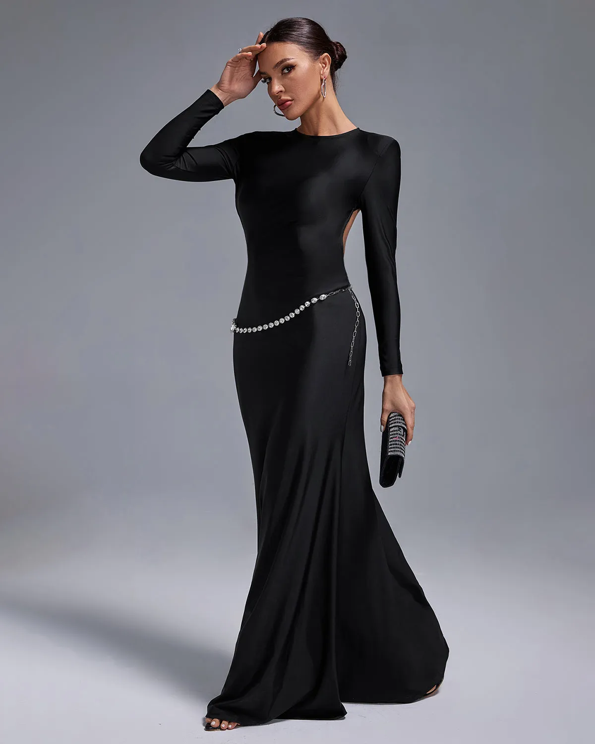 Crystal Belt Backless Maxi Dress