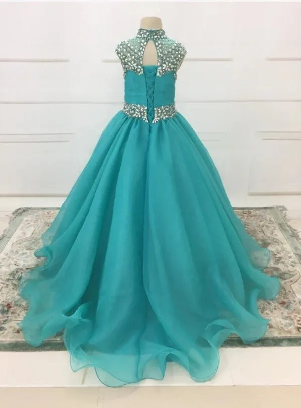 Custom Halter Ab Beaded A Line Romantic Child's Ball Gown