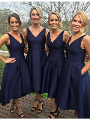 Dark Blue A Line V Neck High Low Short Prom Dress, Navy Blue Graduation Dress, Homecoming Dress, Bridesmaid Dress