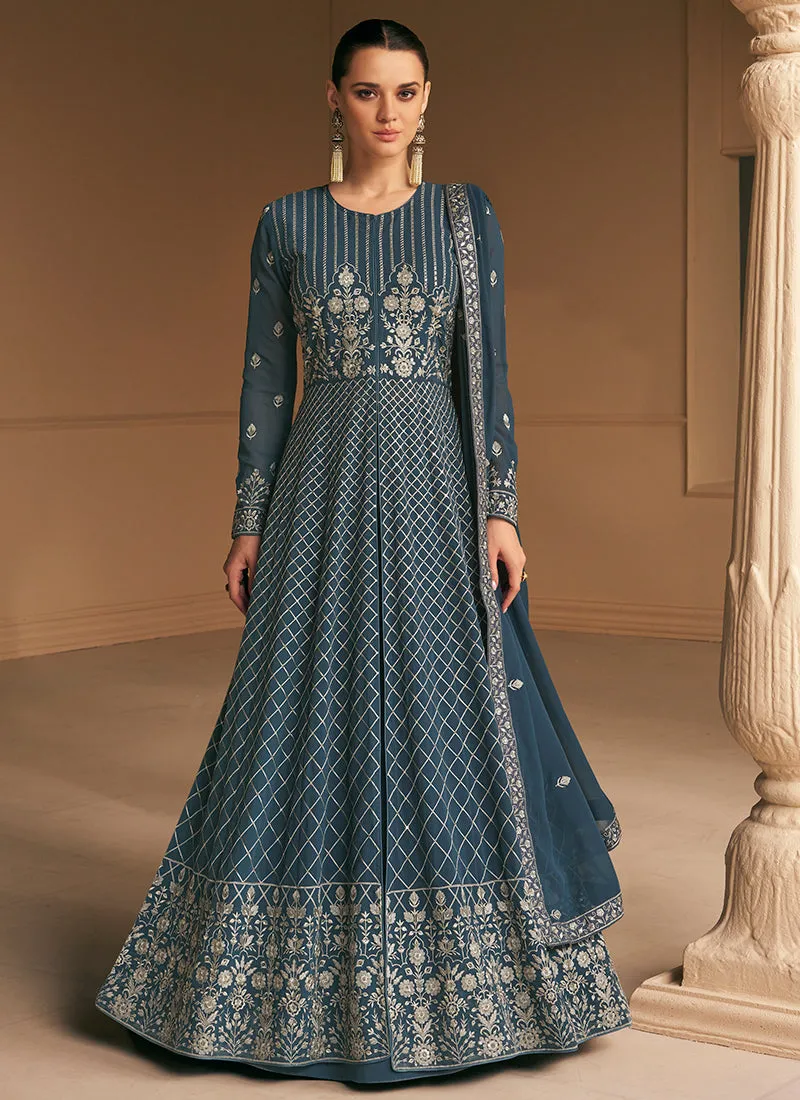 Deep Grey Sequence Embroidery Wedding Anarkali Gown
