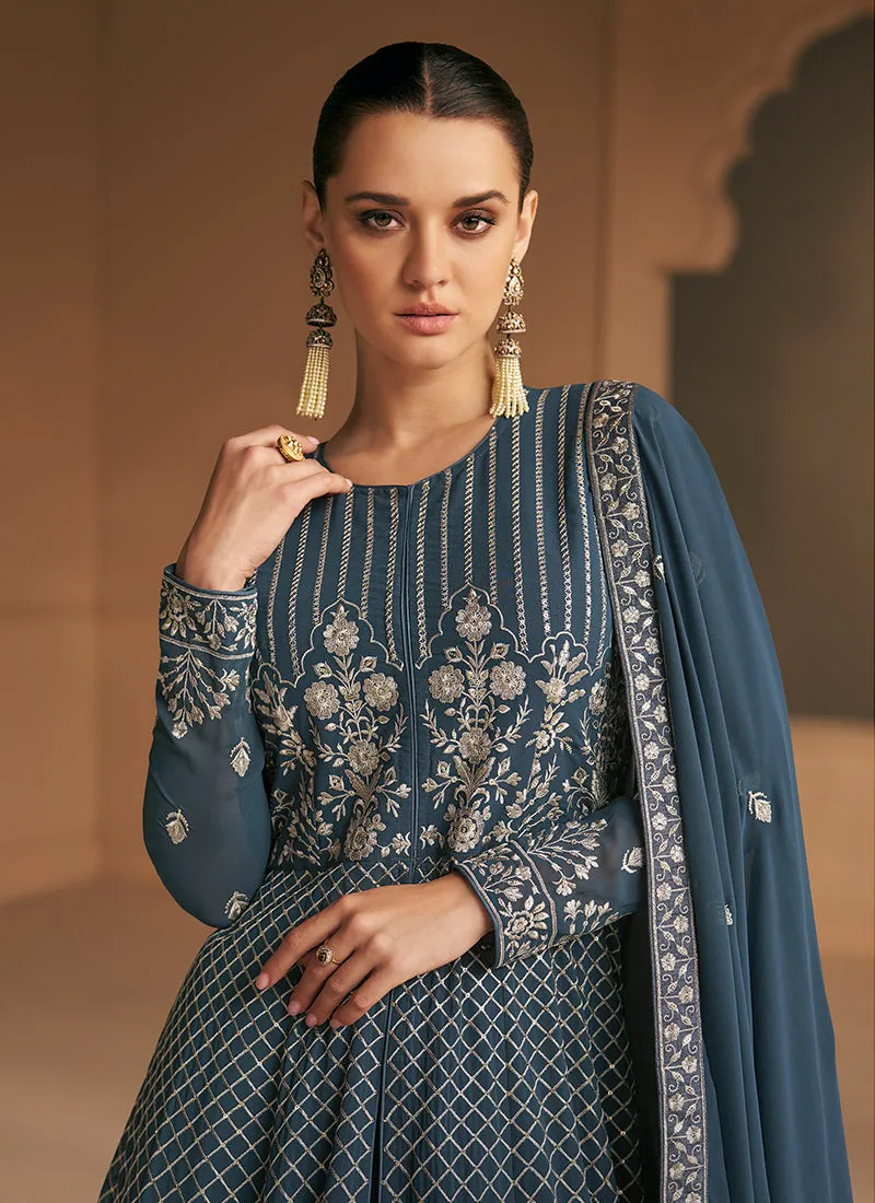 Deep Grey Sequence Embroidery Wedding Anarkali Gown