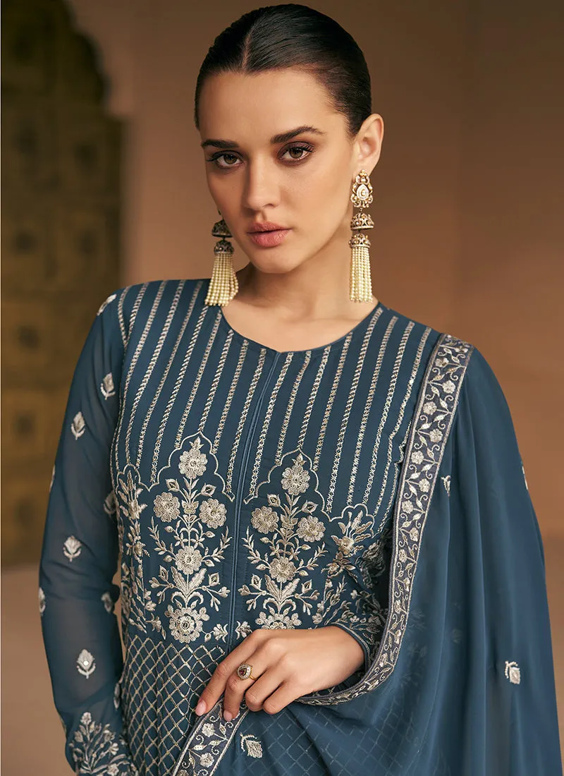 Deep Grey Sequence Embroidery Wedding Anarkali Gown