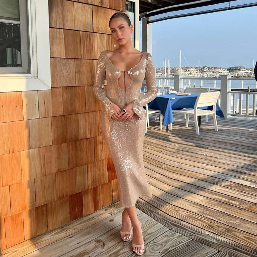 Deep V Sequin Backless Bodycon Dress