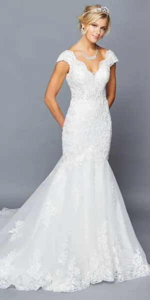DeKlaire Bridal 423 Scalloped V-Neckline Illusion Panel Chapel Train Mermaid Wedding Dress