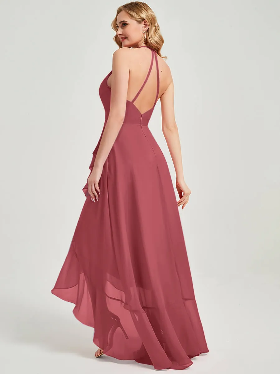 Desert Rose Halter V-Neck Backless High Low Chiffon Bridesmaid Dress
