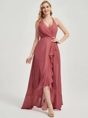 Desert Rose Halter V-Neck Backless High Low Chiffon Bridesmaid Dress