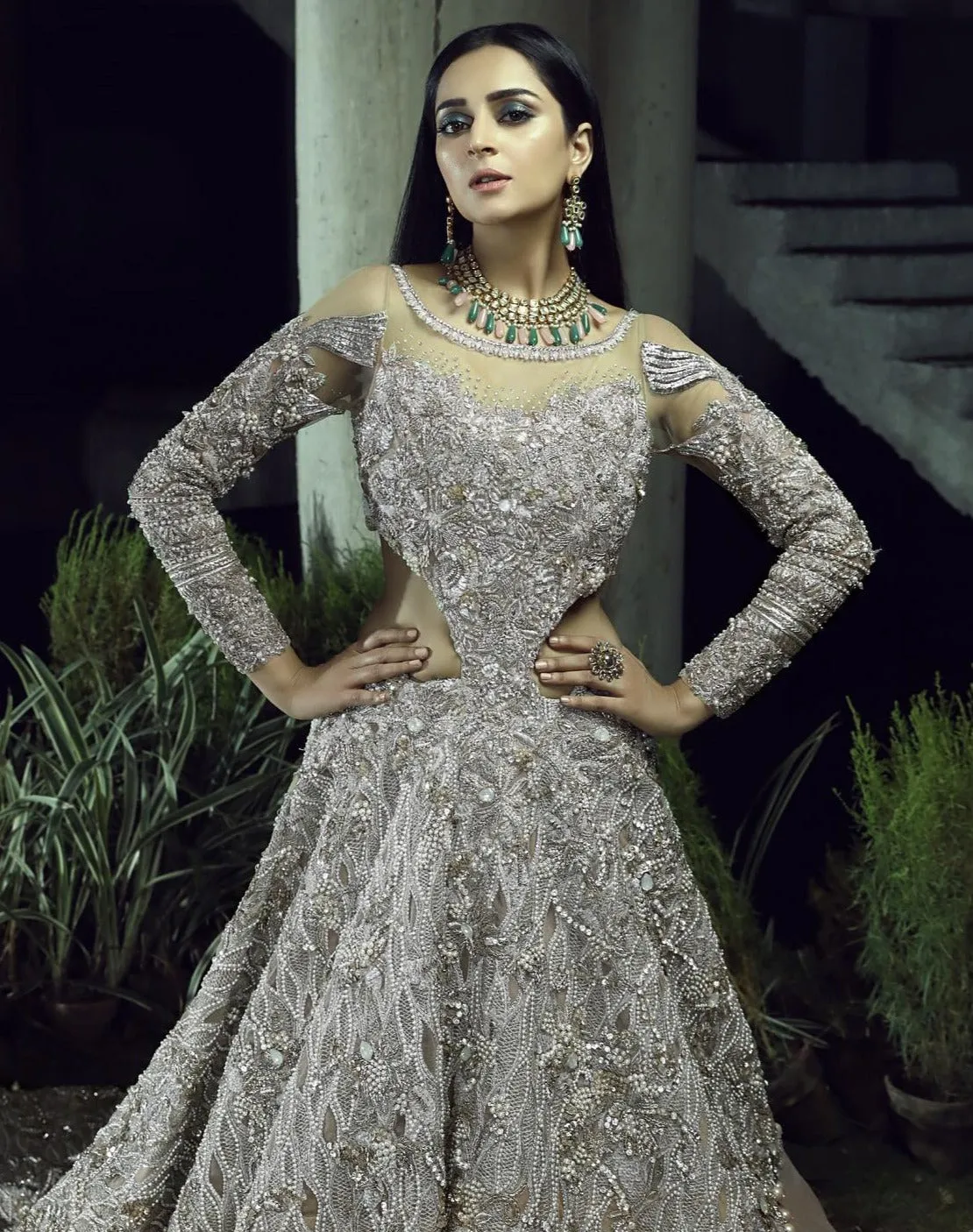 Designer Silver Grey Lehenga with Heavy Gown #BN1281