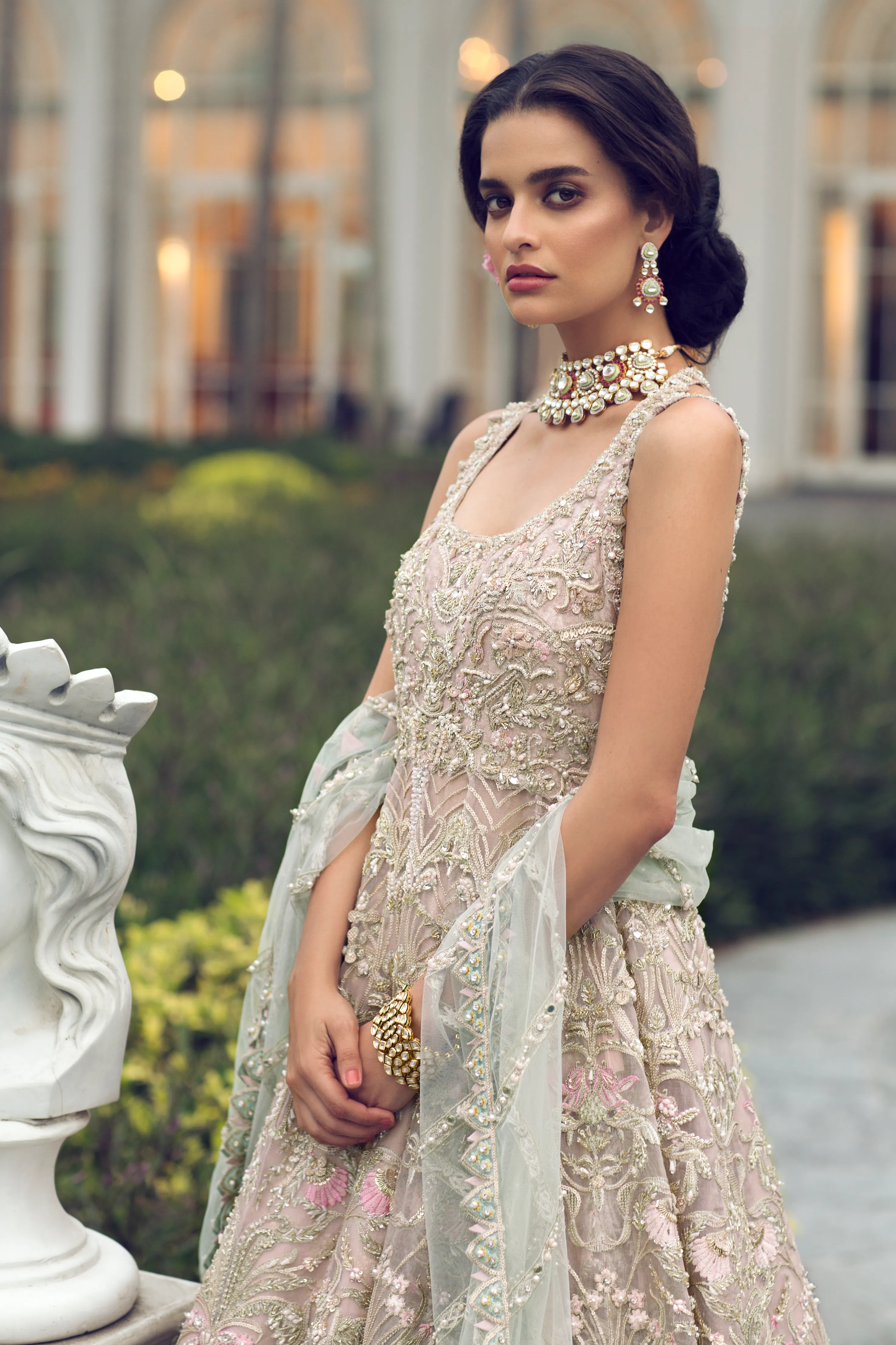 Designer Silver Long Gown Lehenga for Indian Bridal Wear