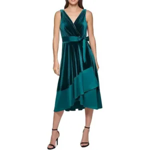 DKNY Women's Mixed Media Surplice V Neck Belted Dress Green Size 12