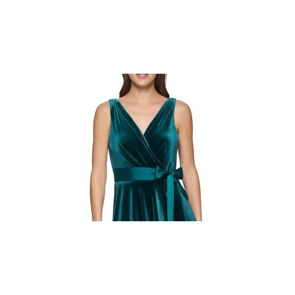 DKNY Women's Mixed Media Surplice V Neck Belted Dress Green Size 12