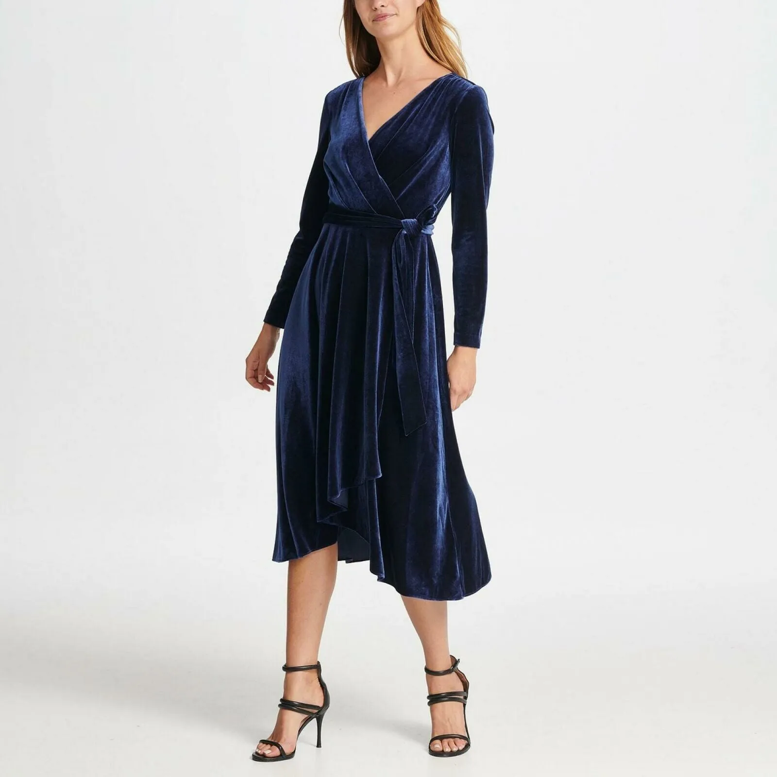DKNY Women's Velvet V Neck Wrap Dress Midnight Blue 6