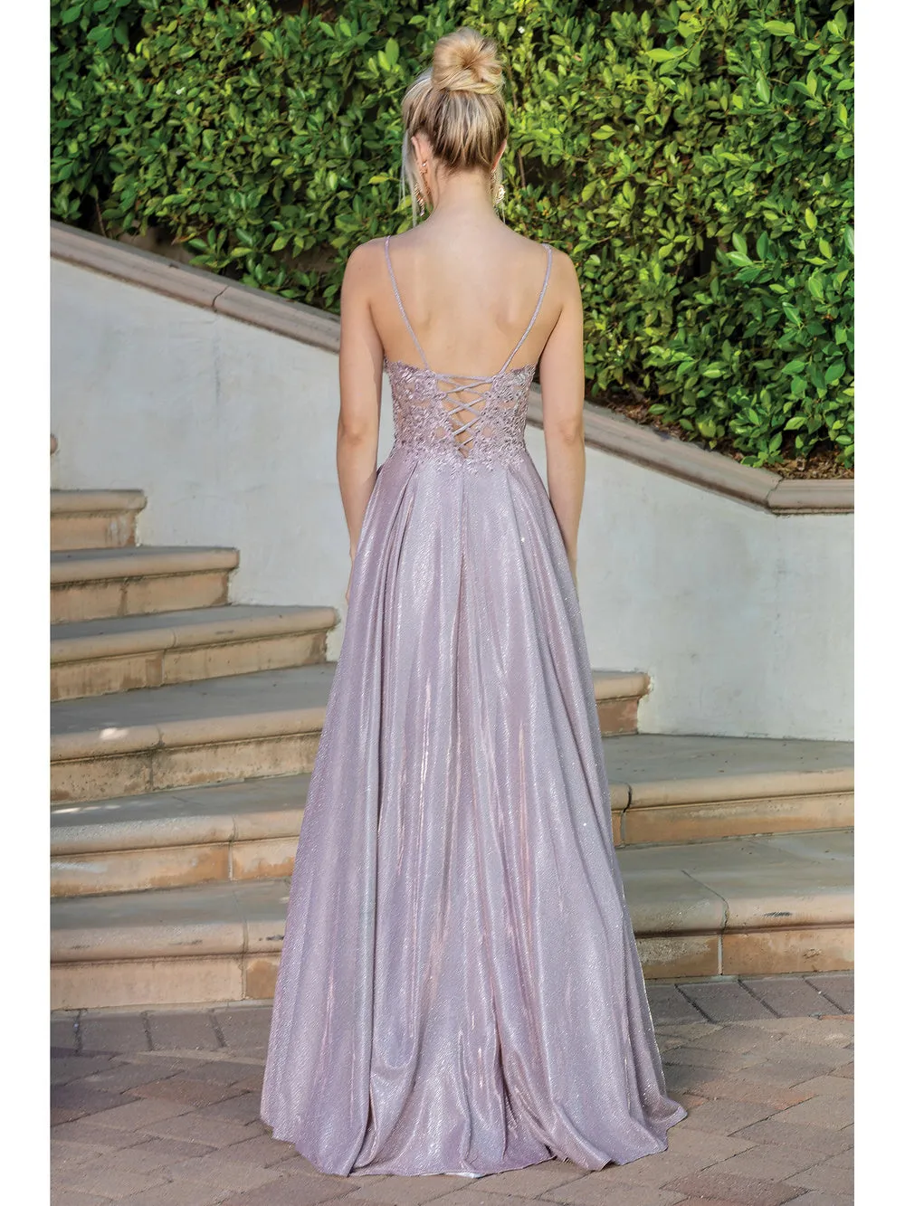 DQ 4261 - Iridescent Satin A-Line Prom Gown with Sheer Lace Embellished Bodice Pockets & Lace Up Corset Back