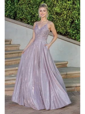 DQ 4261 - Iridescent Satin A-Line Prom Gown with Sheer Lace Embellished Bodice Pockets & Lace Up Corset Back