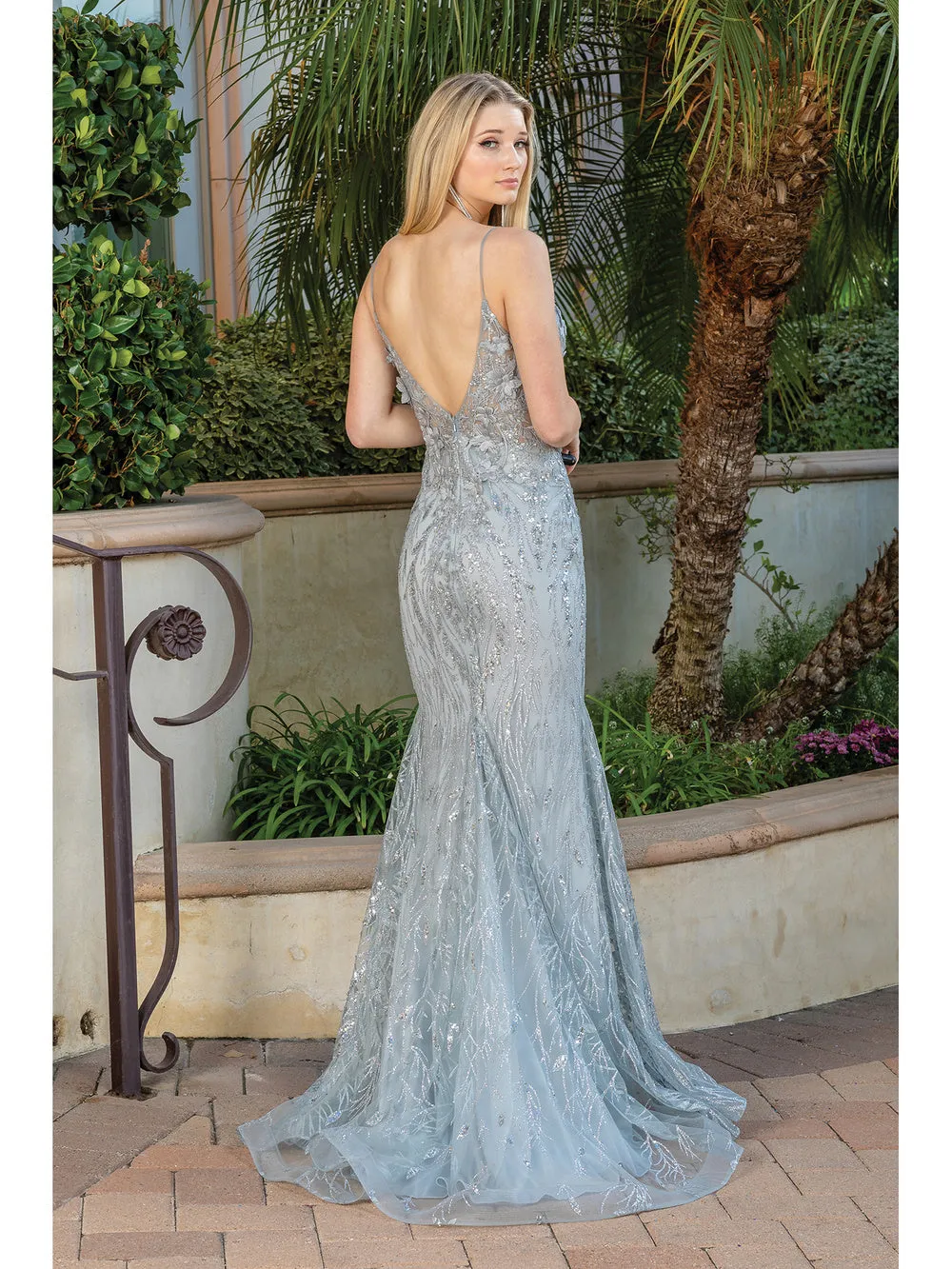 DQ 4275 - Glitter Print Fit & Flare Prom Gown with Sheer 3D floral Embellished V-Neck Bodice & Open Back