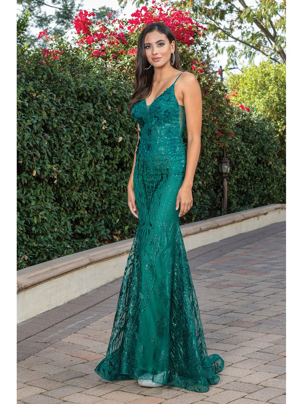 DQ 4275 - Glitter Print Fit & Flare Prom Gown with Sheer 3D floral Embellished V-Neck Bodice & Open Back
