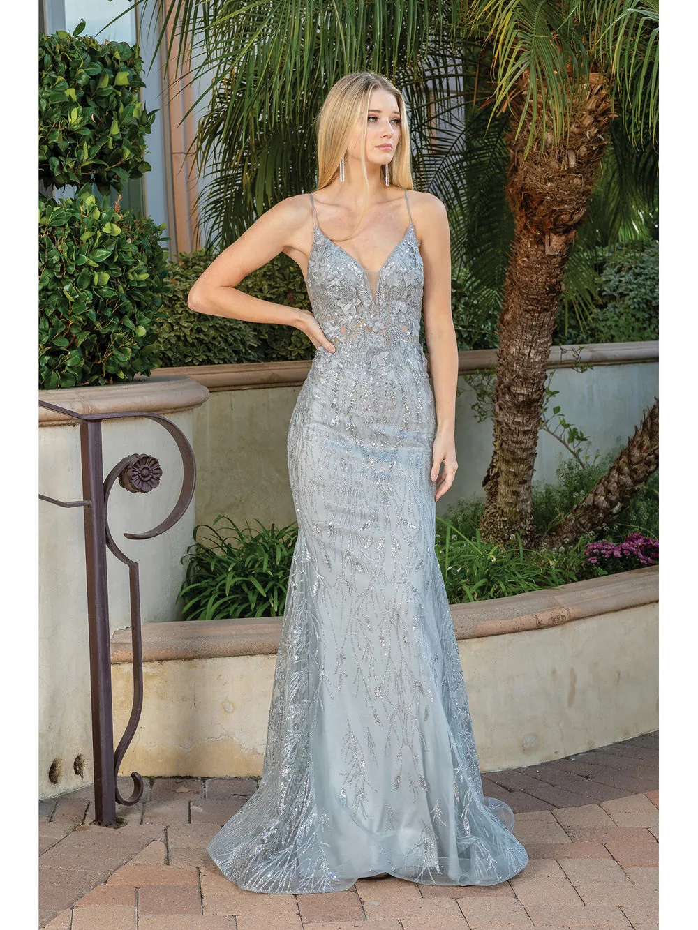 DQ 4275 - Glitter Print Fit & Flare Prom Gown with Sheer 3D floral Embellished V-Neck Bodice & Open Back