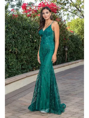 DQ 4275 - Glitter Print Fit & Flare Prom Gown with Sheer 3D floral Embellished V-Neck Bodice & Open Back