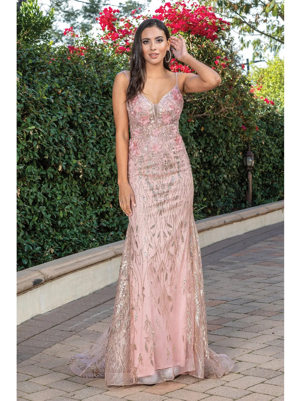 DQ 4275 - Glitter Print Fit & Flare Prom Gown with Sheer 3D floral Embellished V-Neck Bodice & Open Back