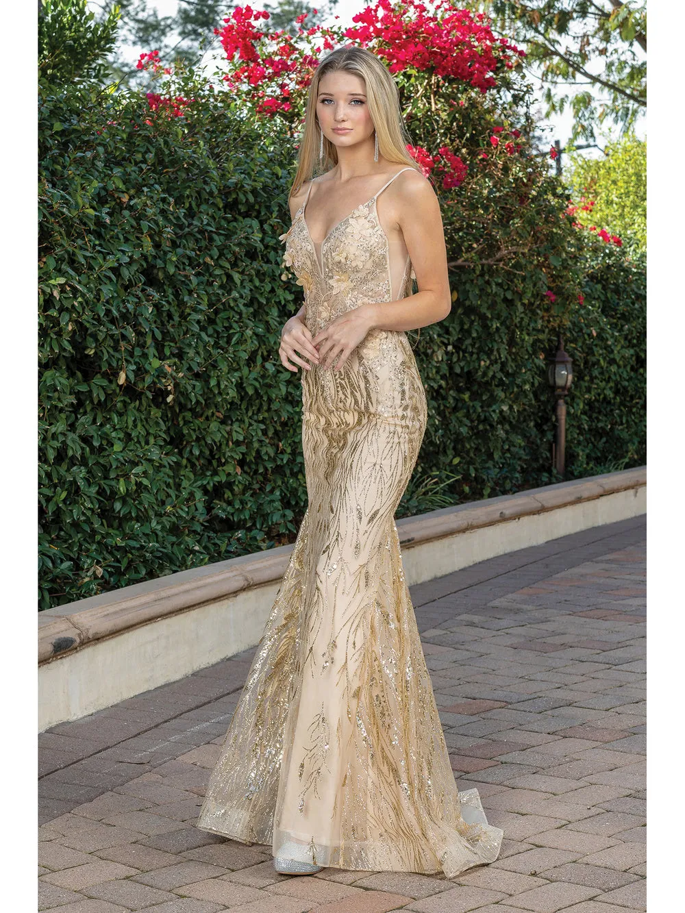 DQ 4275 - Glitter Print Fit & Flare Prom Gown with Sheer 3D floral Embellished V-Neck Bodice & Open Back
