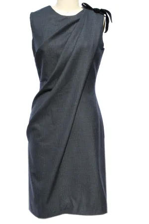 Draped Navy Plaid Wool Suiting Dress