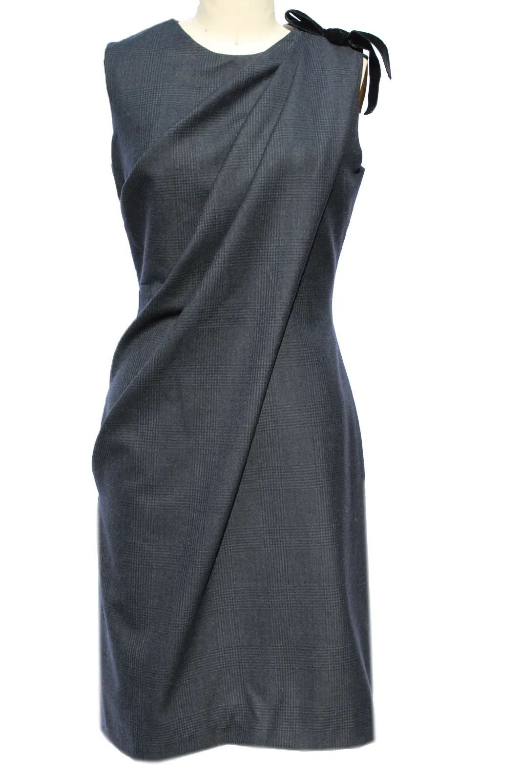 Draped Navy Plaid Wool Suiting Dress